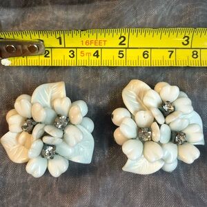 Vintage West Germany Earrings Clip On White Flowers w Rhinestones